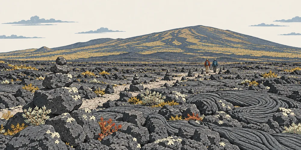 Markierter Wanderweg über ein altes Lavafeld, im Hintergrund die Flanke eines Vulkans