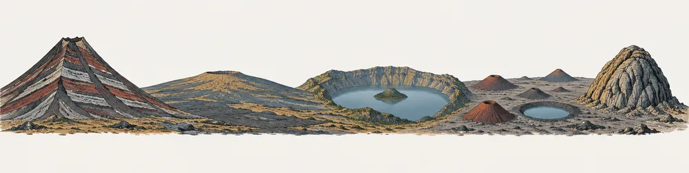 Fünf Vulkan-Bauformen nebeneinander: Schichtvulkan, Schildvulkan, Caldera, Schlackenkegel mit Maar, Lavadom