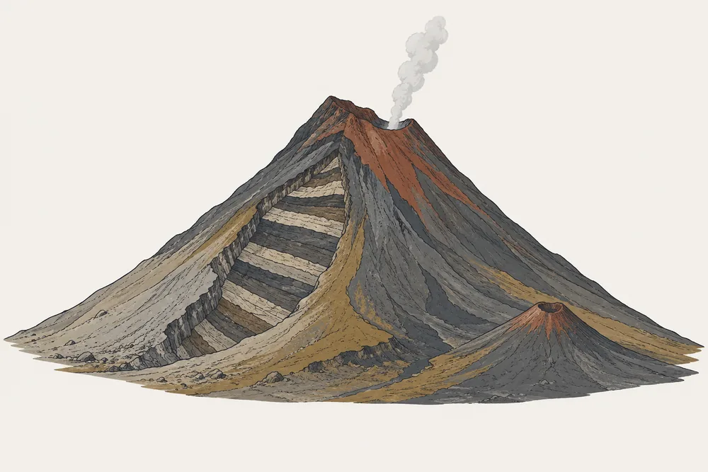Schematische Darstellung der Bauform: Schichtvulkan mit mehreren Zentren