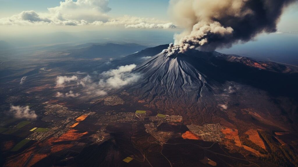 Luftaufnahme von einem Vulkanausbruch, aufsteigender Rauch